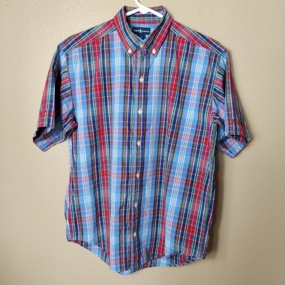 Ralph Lauren Boys Plaid Short Sleeve Cotton Buttonfront Shirt-Size XL